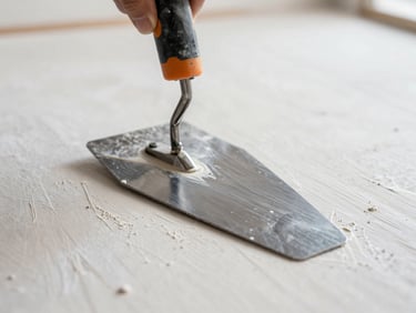 Close-up of a professional drywall trowel applying joint compound smoothly over a patch, bright natural indoor lighting, clean and precise work.