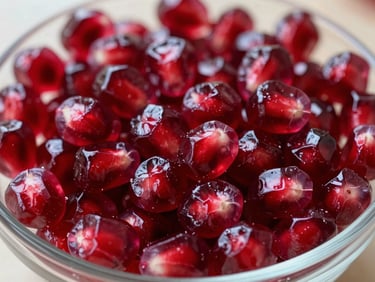 Macro close-up of fresh pomegranate arils in a glass bowl under bright diffused daylight, showing deep ruby-red translucent seeds with visible inner structure, overhead framing
