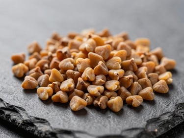 Macro close-up of fenugreek seeds in a small pile on a dark slate surface under bright diffused studio light, showing angular yellow-brown seed form and hard surface texture