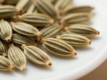 Macro close-up of dried fennel seeds arranged loosely on a white ceramic surface under diffused natural window light, showing elongated ribbed form and pale green-yellow color