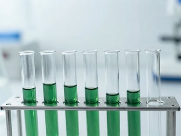 Crisp flat-lay of professional laboratory test tubes in a metal rack, bright cool daylight, sterile white background, 50mm