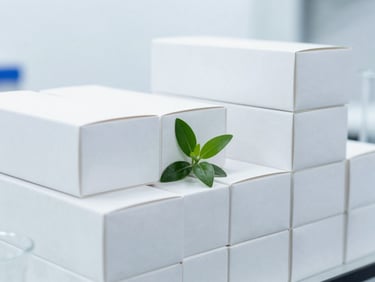 Neatly stacked plain wholesale packaging boxes beside clean laboratory glassware, sterile white environment, minimal shadows