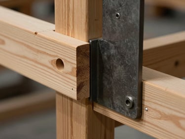 Close-up of heavy engineered timber joinery meeting a dark steel bracket, highlighting precise structural craftsmanship