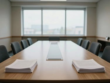 Wide shot of an empty editorial meeting room, bare conference table, stacks of printed manuscripts at one end, diffused north-facing window light, no people, institutional calm
