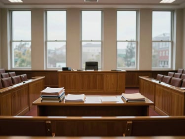 Wide architectural photograph of a regional government chamber hall, empty wooden seats, tall windows with overcast daylight, documents and folders stacked on the central table, no people