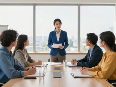 A calm, neutral-toned meeting room. A professional mediator guiding a structured discussion between two diverse parties, daylight streaming through large windows.