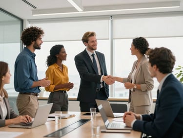 A bright modern corporate conference room. Diverse business executives shaking hands and smiling during a networking event, warm amber highlights, high-key lighting.