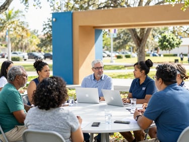 A vibrant outdoor community workshop in Brandon, Florida. Diverse local residents and municipal leaders talking in a sunny park under a canopy, bright natural daylight.