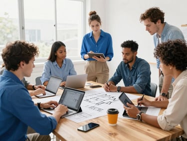 A bright, high-key natural daylight workspace. Diverse professionals collaborating around a large wooden table with architectural plans and digital tablets, vibrant blue and warm amber accents, 35mm.