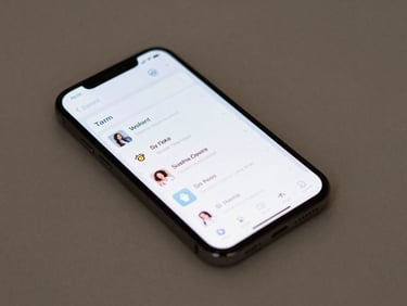 Overhead flat-lay of an Android phone on a plain desk showing a teen-oriented app UI with dense text layout and minimal iconography, sharp overhead light, no lifestyle elements