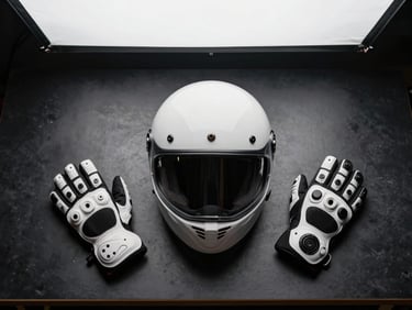 Overhead flat-lay of motorcycle helmet and protective gloves on a dark workbench, soft studio strobe light from above, clean composition, no people