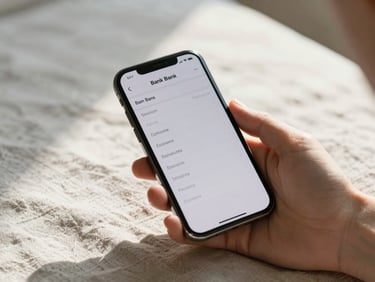 A hand holding a smartphone showing a clean bank account summary screen, resting on a light linen surface, morning light from the side, serene and solitary