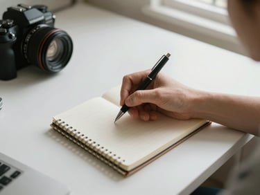 Top-down view of a hand writing in a small notebook with a pen, on a clean white desk, soft morning window light, calm and focused