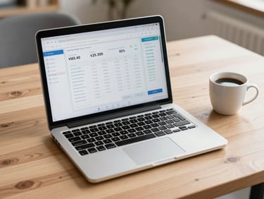 Laptop open on a simple financial app screen showing a savings balance, placed on a light wooden desk with a coffee cup beside it, soft north-facing daylight, no faces