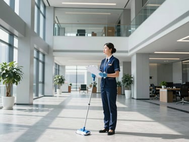 Wide environmental shot of a professional cleaning supervisor in a clean corporate navy uniform inspecting a spotless modern office lobby, bright natural daylight, architectural depth