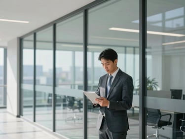 Corporate office building interior with clean glass partitions, natural daylight, focused supervisor checking a digital tablet