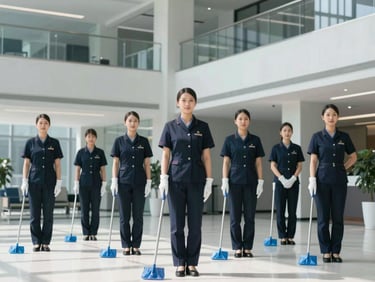 A team of professional cleaning staff in pristine dark uniforms standing in a modern corporate lobby, structured architectural lines