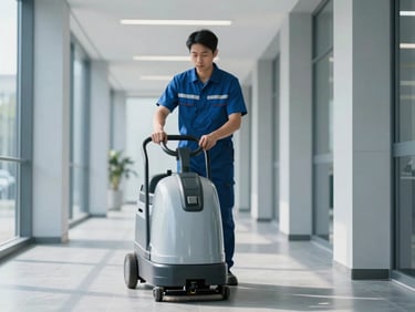 Professional cleaning operator managing industrial floor scrubber in a bright, modern corporate corridor, cool blue tones, architectural depth