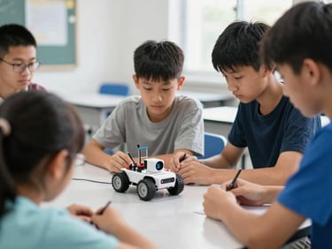 Students collaboratively programming a small wheeled robot in a bright, modern classroom, natural daylight, shallow depth of field