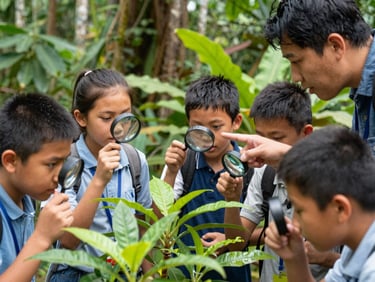 Students using magnifying glasses to examine plants in a tropical forest, coach pointing, natural daylight, vibrant colors, 35mm lens