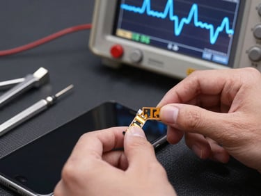 Extreme close-up of technical hands testing a smartphone screen ribbon cable with a digital oscilloscope, glowing blue waveforms on screen, metallic tools on anti-static mat
