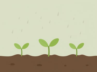 Minimalist flat vector illustration of small green sprouts growing from rich soil under gentle rain, soft sage tones, calming and modern