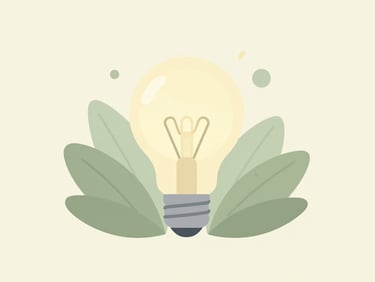 Minimalist flat vector illustration of a glowing lightbulb surrounded by soft green leaves, warm cream background, calming and modern
