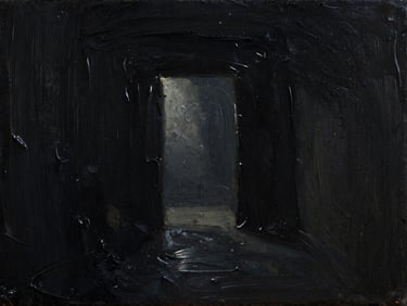 Frontal shot of a dark surreal oil painting showing a faint light portal through thick textured black paint, macro canvas details