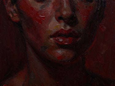 Frontal high-resolution shot of a dark surreal oil painting titled Silence, heavy impasto texture, deep crimson and charcoal tones, low-key lighting