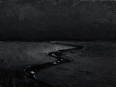 Direct frontal shot of a surreal monochrome oil painting depicting a distorted horizon, dark charcoal and obsidian paint layers, dramatic chiaroscuro