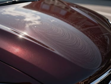 Sharp macro shot of a car's paint surface undergoing multi-stage correction, showing a clear, reflective finish next to a dull, swirled area, high-contrast studio lighting