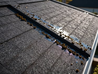 Close-up of a residential roof being cleaned, showing dark algae being removed to reveal clean shingles, high-contrast sunlight