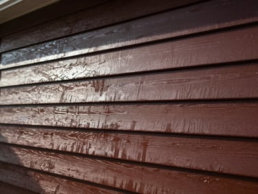 High-contrast before-and-after texture of residential siding being soft-washed, showing clean, vibrant panels next to dirty ones, dramatic natural sunlight