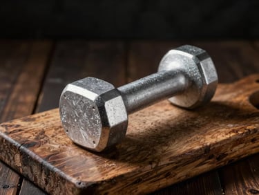 Solid aluminum meat tenderizer mallet and heavy pestle on a rustic chopping block, dramatic side lighting.