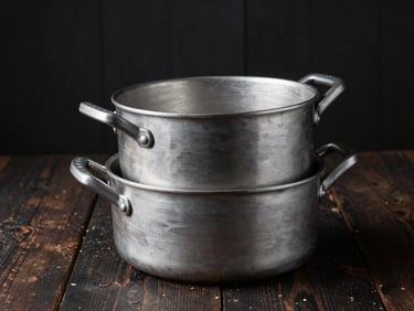 Thick cast aluminum pots stacked on a dark rustic wooden table, side lighting highlighting the heavy metal handles and texture.