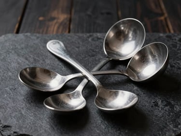 Heavy-duty aluminum serving spoons and ladles resting on a dark stone surface, high-contrast metal reflections.