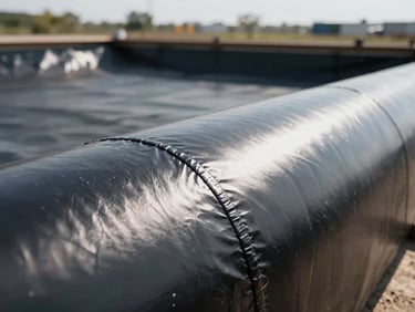 Close-up of Solmax HDPE geomembrane installation at a large containment pond, showing the smooth black material and a precise welded seam under bright daylight.