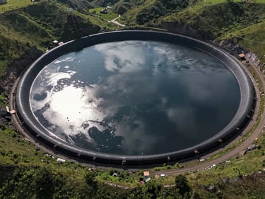 Wide-angle aerial drone shot of a massive mining waste containment pond lined with black HDPE geomembrane, bright natural daylight reflecting off the smooth black surface, surrounding green hills, high contrast.