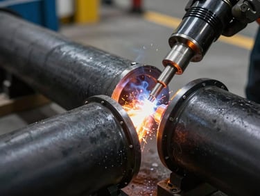 Close-up of a butt fusion welding machine joining two thick-walled black HDPE pipes, clean industrial setting, sharp focus on the heated joint.
