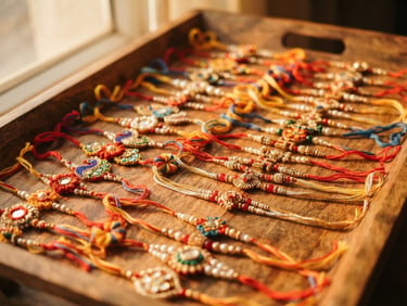 Close-up of hand-woven colorful Rakhis neatly arranged on a polished wooden tray, warm morning sunlight casting soft shadows, shallow depth of field