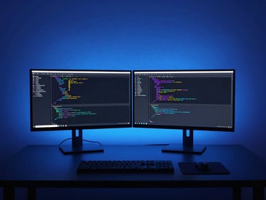 Wide clean environmental shot of a dual-monitor developer setup showing code, electric blue ambient backlighting, minimalist composition