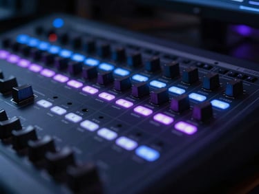 Close-up of high-end audio interface and editing console with glowing LED indicators, dark moody studio lighting