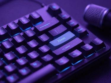 Macro shot of a mechanical keyboard and studio microphone under moody purple neon light, shallow depth of field, 35mm