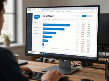 Close-up of a Salesforce dashboard on a wide monitor showing pipeline and quota metrics, a team member's hand resting on the desk beside it, warm natural office light from the left