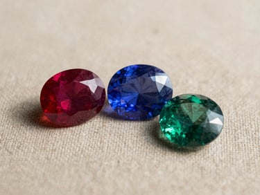 Close-up of three loose coloured gemstones — a deep ruby, a cornflower sapphire, and an emerald — arranged on a warm neutral linen surface under controlled north-facing daylight, showing true saturation and inclusion character, no props