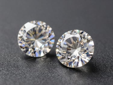 Extreme close-up of two loose princess-cut diamonds resting on a matte charcoal surface, studio daylight from the upper right creating sharp facet contrast and internal brilliance, shallow depth of field on the near stone, nothing else in frame