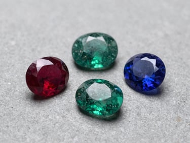Three loose coloured gemstones — a deep ruby, an emerald, and a sapphire — arranged on a neutral grey stone surface under controlled studio daylight, each stone in sharp focus showing natural inclusions and true colour, extreme close-up