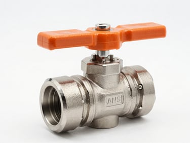 Pristine, newly manufactured stainless steel ball valve with safety orange handle, high-key studio lighting, macro detail of the ANSI casting stamp.