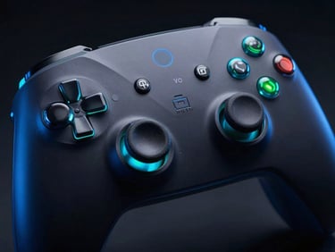 Close-up of a gaming controller with glowing cyan accents, electric blue rim-lighting, dark premium product photography, 8k