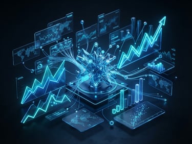 Abstract 3D dashboard illustration with glowing blue and cyan data lines, live analytics, growth charts, and floating cards, high-contrast dark-mode fintech aesthetic, electric blue rim-lighting, 8k